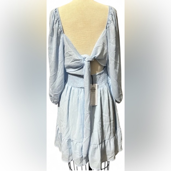 Exlura Dress Womens Medium Blue Chiffon Open Tie Back Ruffle Hem Long Sleeve - Picture 2 of 3
